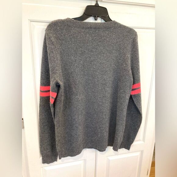 Halogen 100% Cashmere Grey Raglan #5 Stripe Sleeves Preppy Soft Sweater Large - Picture 3 of 8